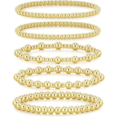 Gold Bracelets for Women Waterproof, Gold Beaded Strand Bead Ball Bracelets Stack Adjustable Jewelry Set for Gifts